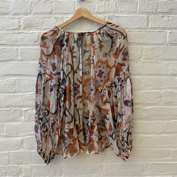 Hannah Artwear || Mirabella Tie Neck Puff Sleeve Top Floral Sheer Ivory 1 US 4 - Picture 6 of 10